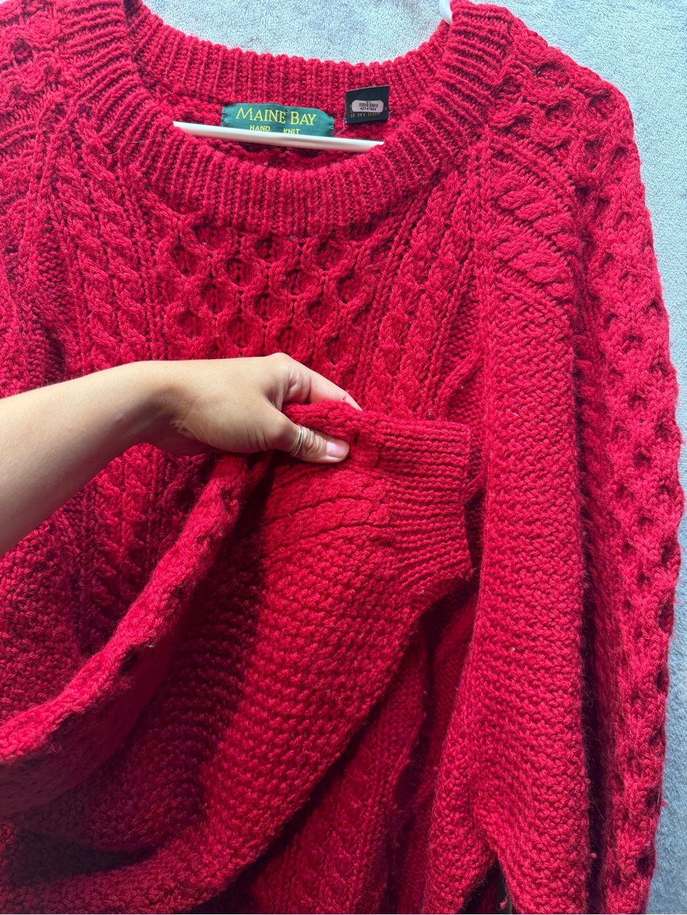 Vintage Maine Bay Hand Knit 100% Wool Red Cable Knit Fisherman Sweater XXL - Picture 3 of 6